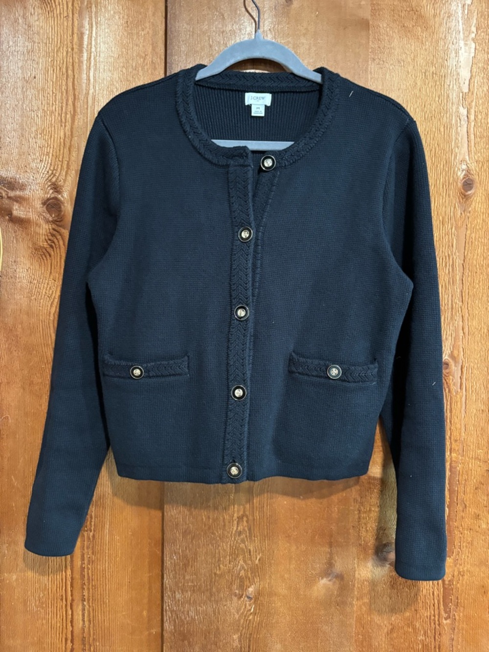 J.Crew Emilie Sweater Jacket Black Cotton Knit Cardigan Braided Trim Size Medium